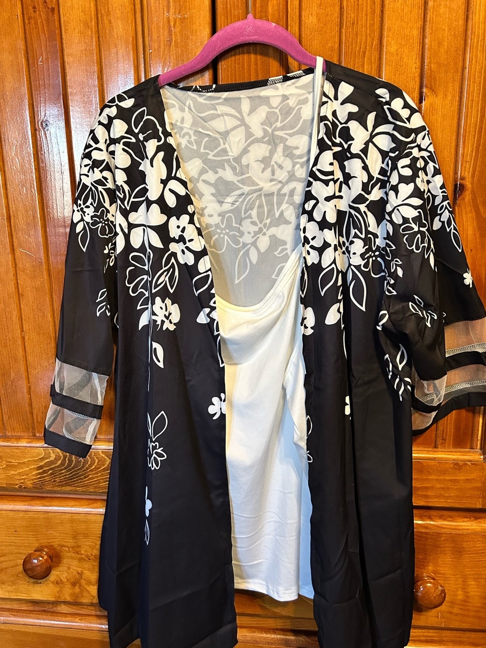 Floral Open-Front Black & White Layered Top